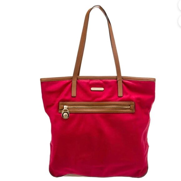 Michael Kors Kempton Red Nylon Brown Leather Tote Pocket Hand Shoulder Bag Zip - Picture 1 of 7